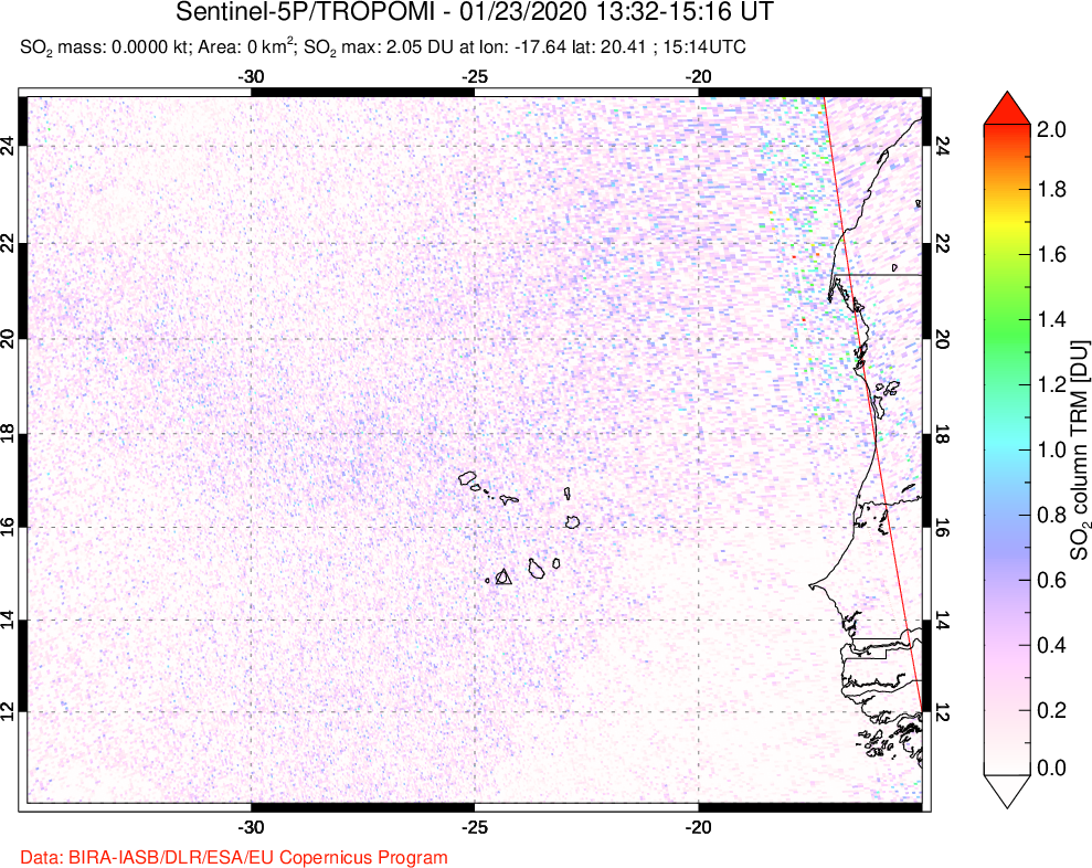 A sulfur dioxide image over Cape Verde Islands on Jan 23, 2020.