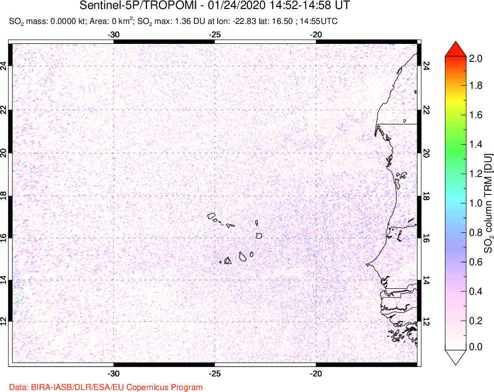 A sulfur dioxide image over Cape Verde Islands on Jan 24, 2020.