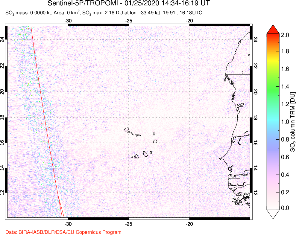 A sulfur dioxide image over Cape Verde Islands on Jan 25, 2020.