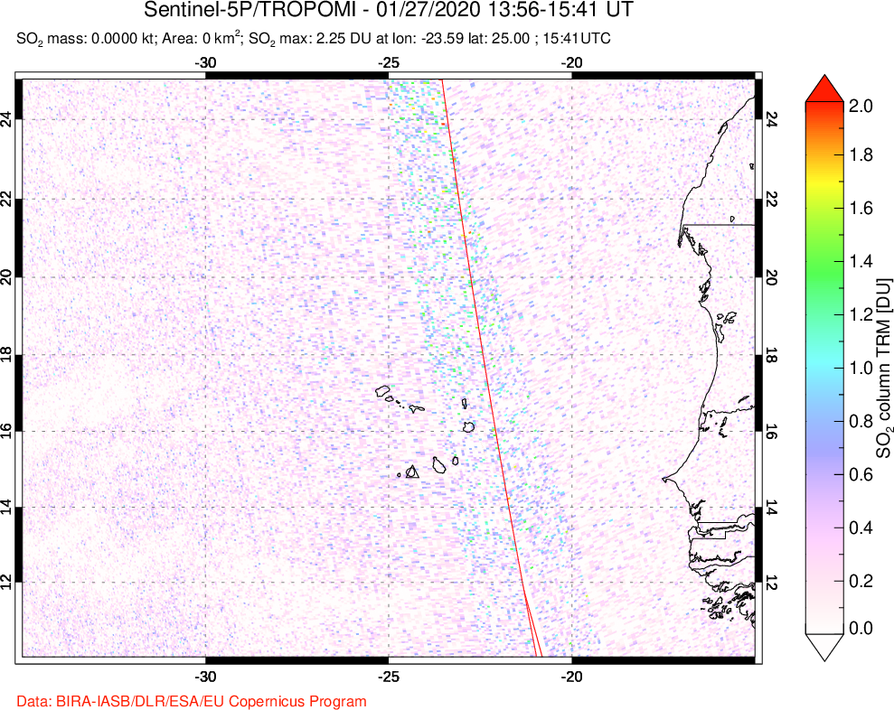 A sulfur dioxide image over Cape Verde Islands on Jan 27, 2020.