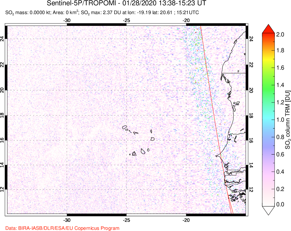 A sulfur dioxide image over Cape Verde Islands on Jan 28, 2020.