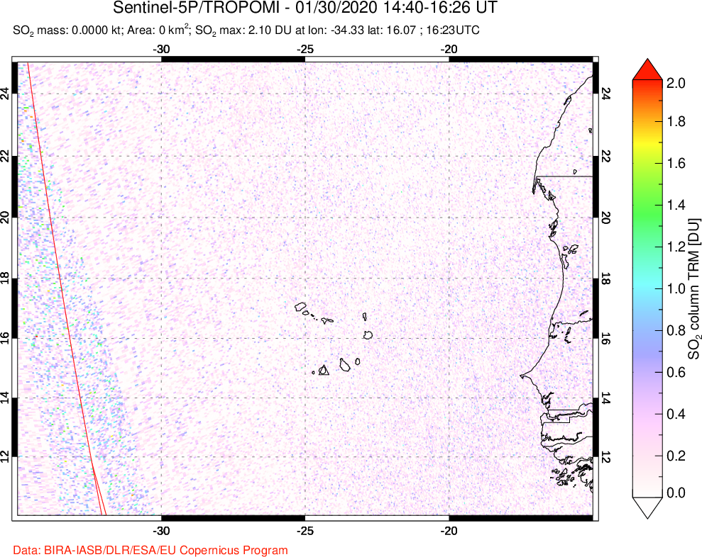 A sulfur dioxide image over Cape Verde Islands on Jan 30, 2020.