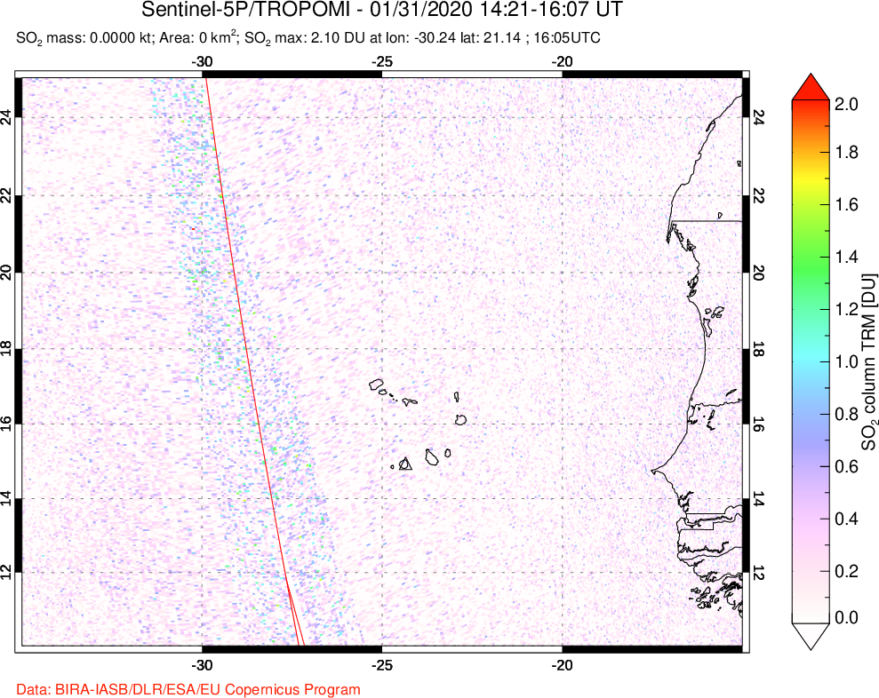 A sulfur dioxide image over Cape Verde Islands on Jan 31, 2020.