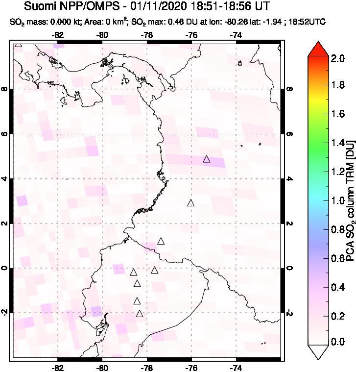 A sulfur dioxide image over Ecuador on Jan 11, 2020.