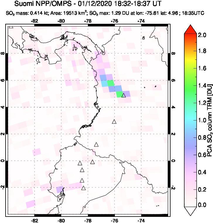A sulfur dioxide image over Ecuador on Jan 12, 2020.