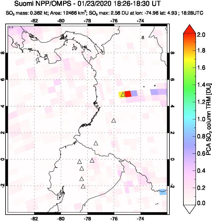 A sulfur dioxide image over Ecuador on Jan 23, 2020.