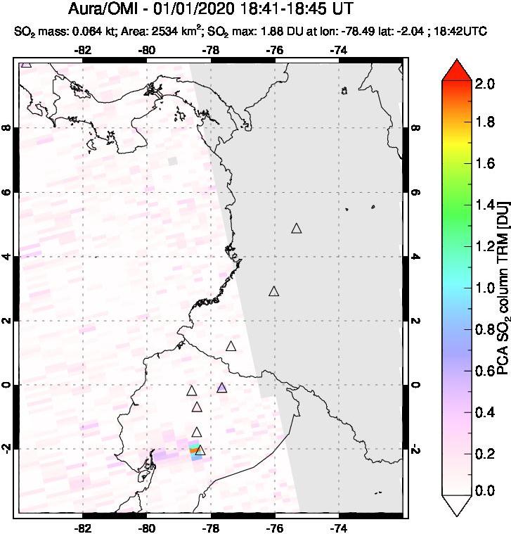 A sulfur dioxide image over Ecuador on Jan 01, 2020.