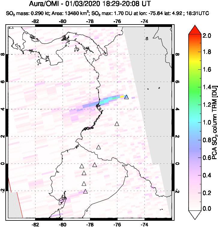 A sulfur dioxide image over Ecuador on Jan 03, 2020.