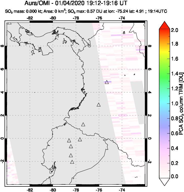 A sulfur dioxide image over Ecuador on Jan 04, 2020.