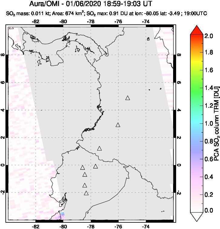 A sulfur dioxide image over Ecuador on Jan 06, 2020.