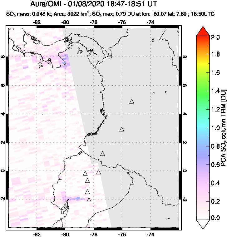 A sulfur dioxide image over Ecuador on Jan 08, 2020.