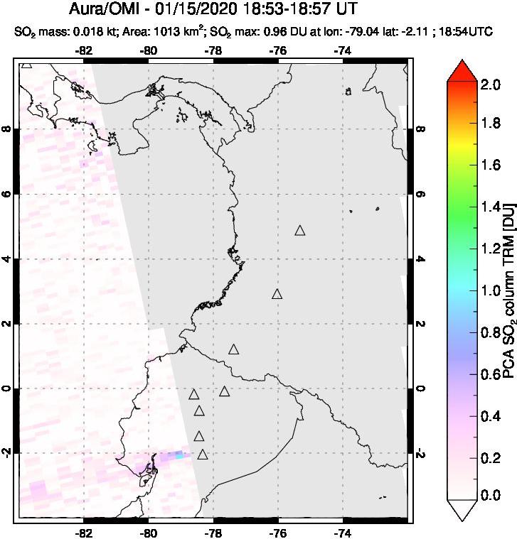 A sulfur dioxide image over Ecuador on Jan 15, 2020.