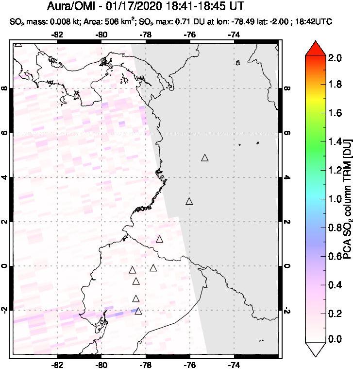 A sulfur dioxide image over Ecuador on Jan 17, 2020.