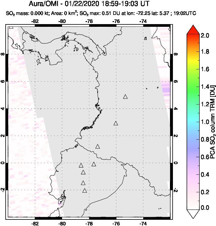 A sulfur dioxide image over Ecuador on Jan 22, 2020.