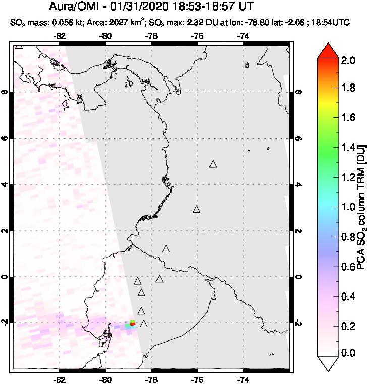 A sulfur dioxide image over Ecuador on Jan 31, 2020.