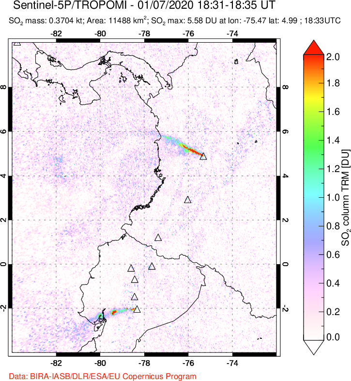 A sulfur dioxide image over Ecuador on Jan 07, 2020.