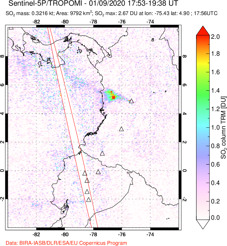 A sulfur dioxide image over Ecuador on Jan 09, 2020.