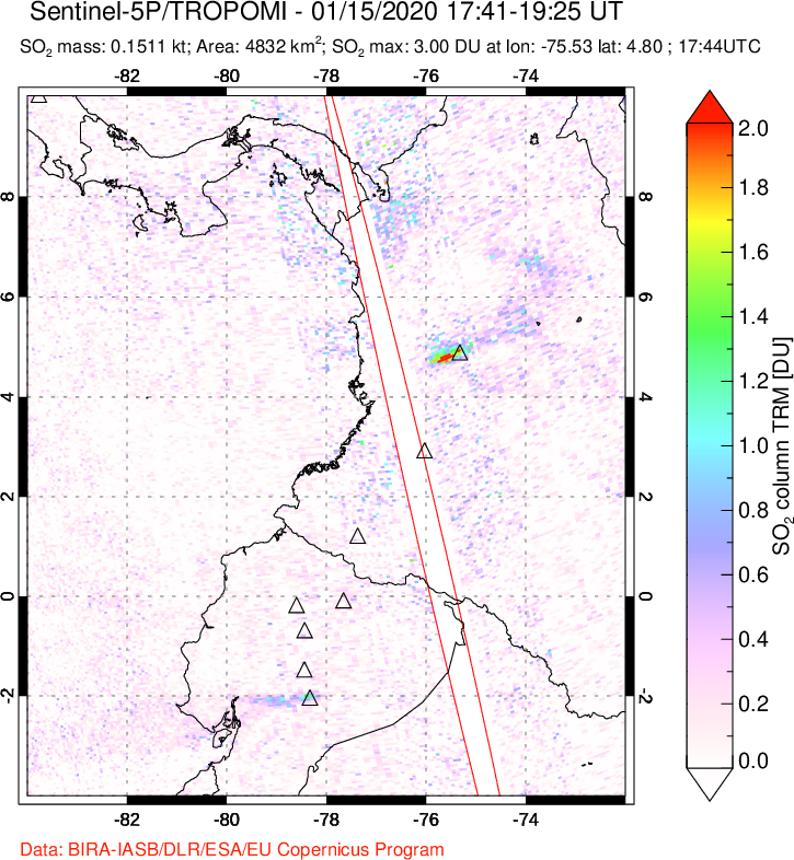 A sulfur dioxide image over Ecuador on Jan 15, 2020.