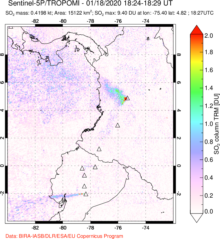 A sulfur dioxide image over Ecuador on Jan 18, 2020.