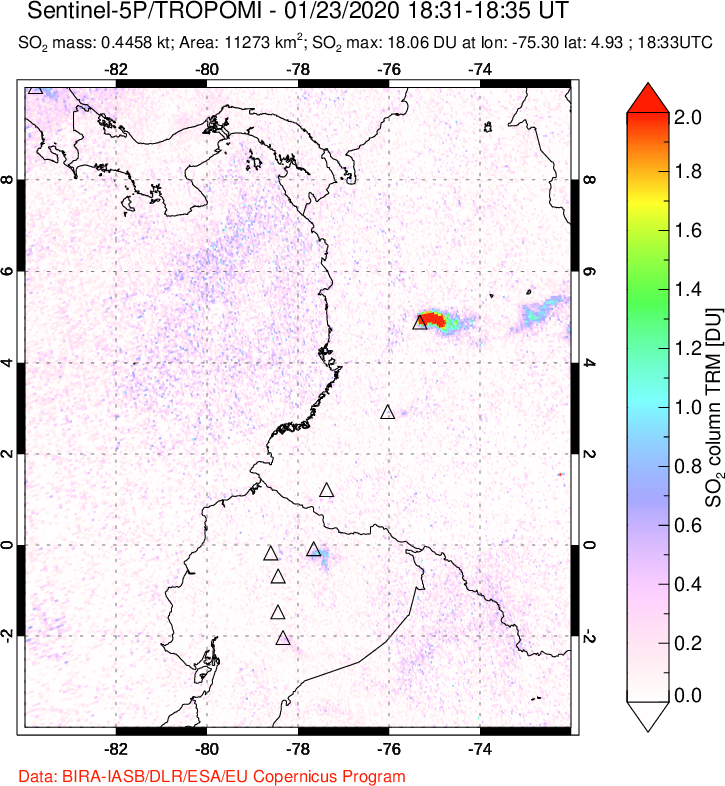 A sulfur dioxide image over Ecuador on Jan 23, 2020.