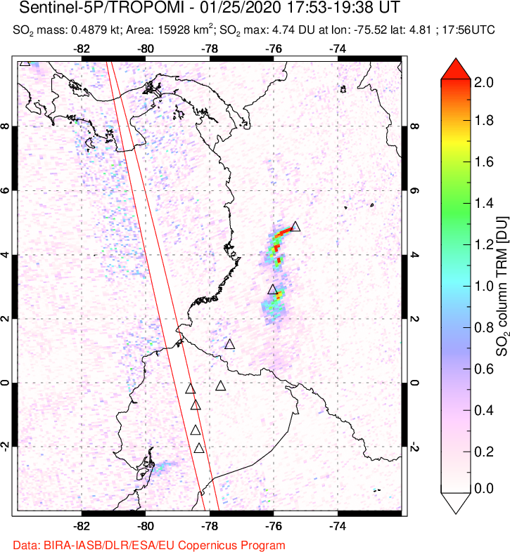 A sulfur dioxide image over Ecuador on Jan 25, 2020.