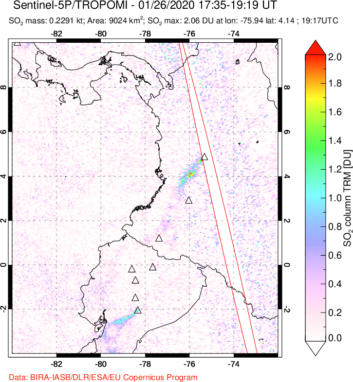 A sulfur dioxide image over Ecuador on Jan 26, 2020.