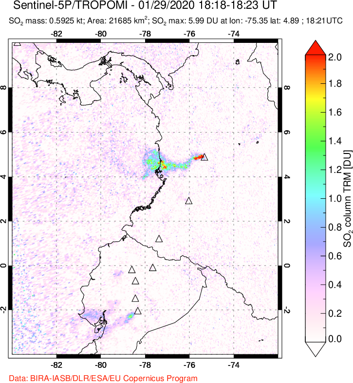 A sulfur dioxide image over Ecuador on Jan 29, 2020.