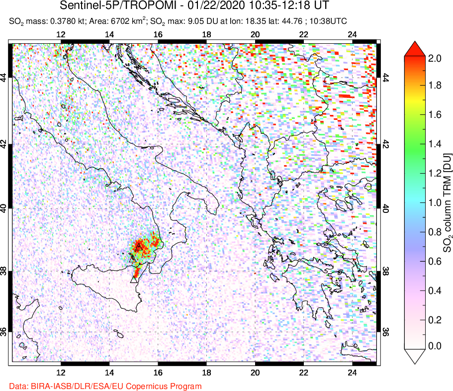 A sulfur dioxide image over Etna, Sicily, Italy on Jan 22, 2020.