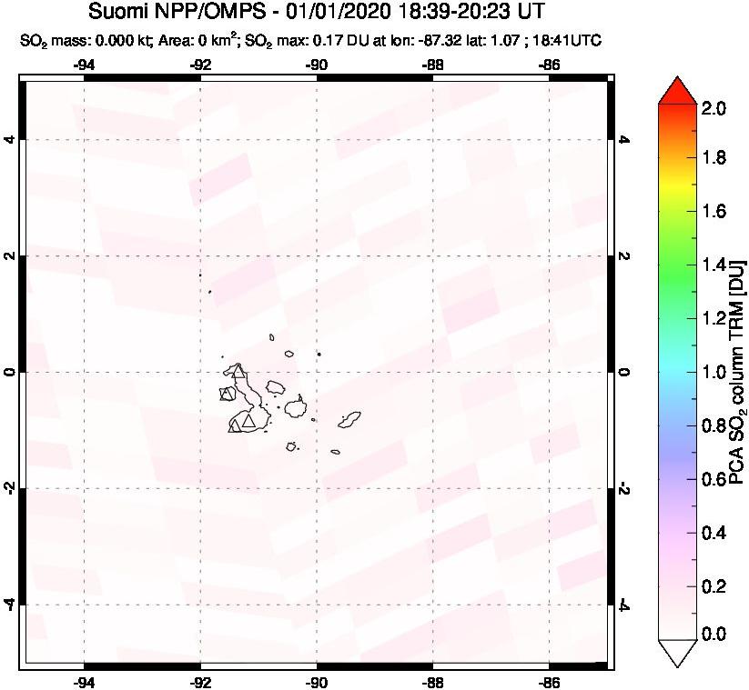 A sulfur dioxide image over Galápagos Islands on Jan 01, 2020.