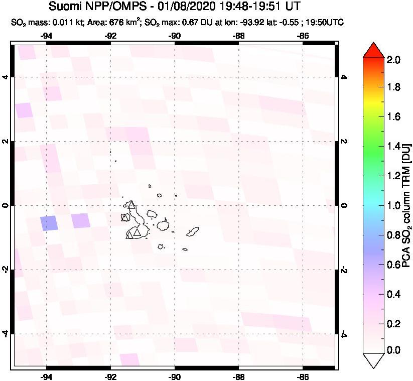 A sulfur dioxide image over Galápagos Islands on Jan 08, 2020.