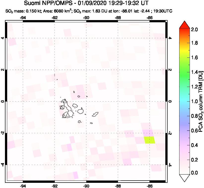 A sulfur dioxide image over Galápagos Islands on Jan 09, 2020.