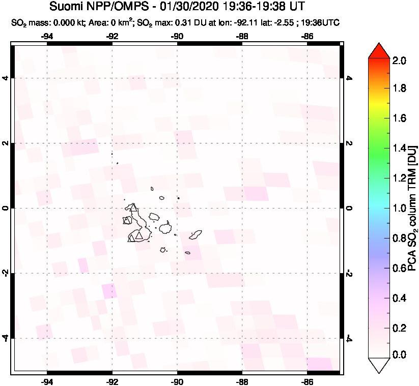 A sulfur dioxide image over Galápagos Islands on Jan 30, 2020.