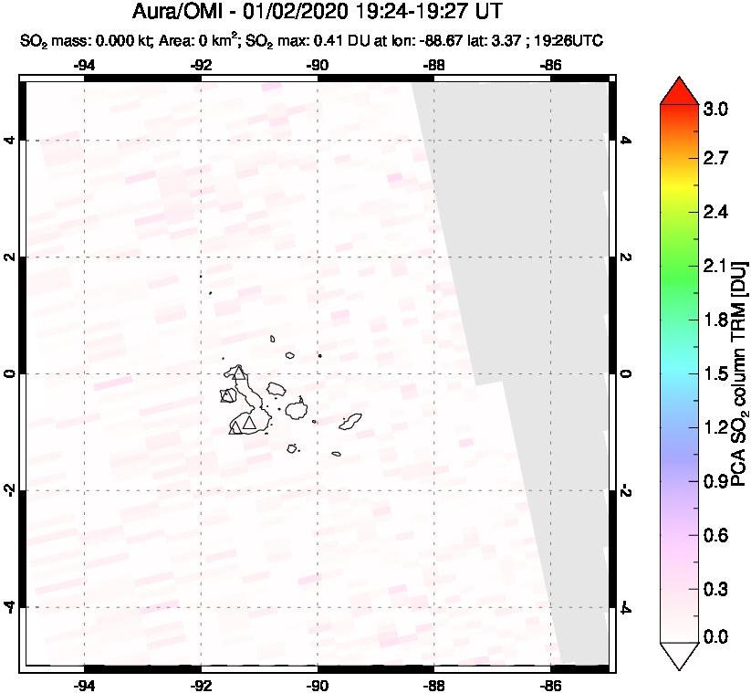 A sulfur dioxide image over Galápagos Islands on Jan 02, 2020.