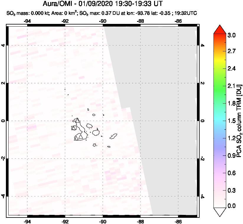 A sulfur dioxide image over Galápagos Islands on Jan 09, 2020.