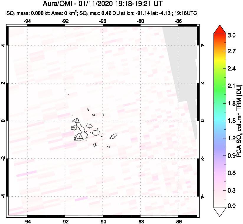 A sulfur dioxide image over Galápagos Islands on Jan 11, 2020.
