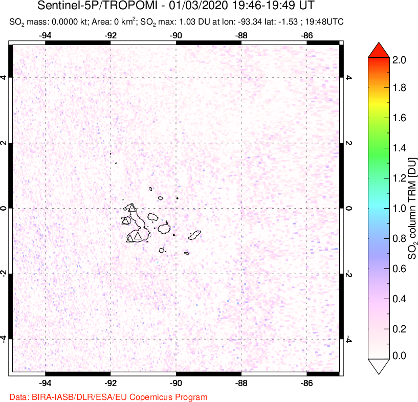 A sulfur dioxide image over Galápagos Islands on Jan 03, 2020.