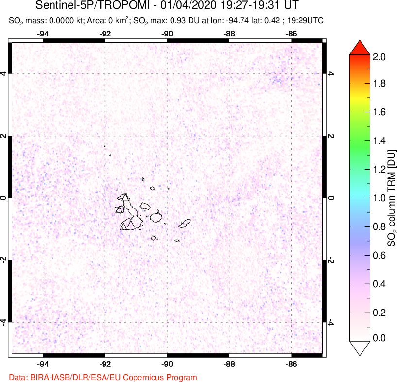 A sulfur dioxide image over Galápagos Islands on Jan 04, 2020.
