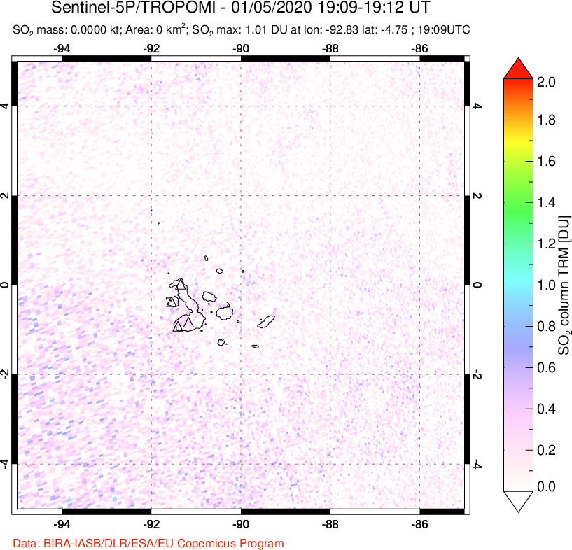 A sulfur dioxide image over Galápagos Islands on Jan 05, 2020.