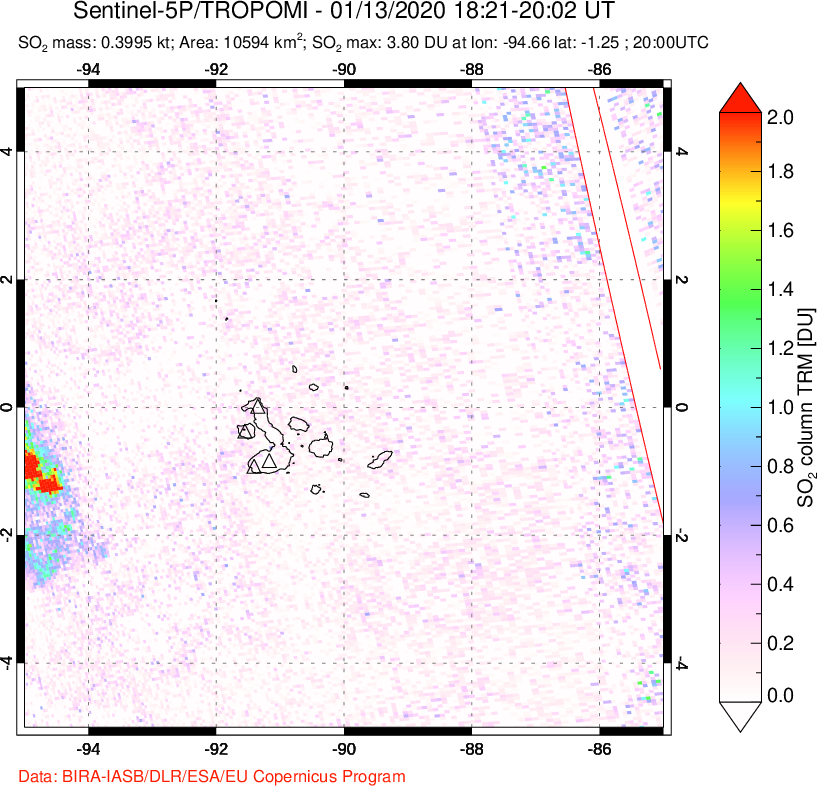 A sulfur dioxide image over Galápagos Islands on Jan 13, 2020.