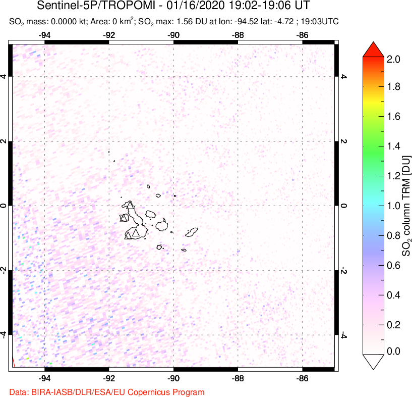 A sulfur dioxide image over Galápagos Islands on Jan 16, 2020.