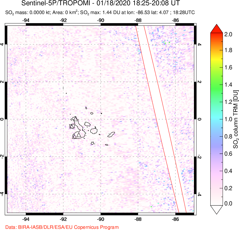 A sulfur dioxide image over Galápagos Islands on Jan 18, 2020.