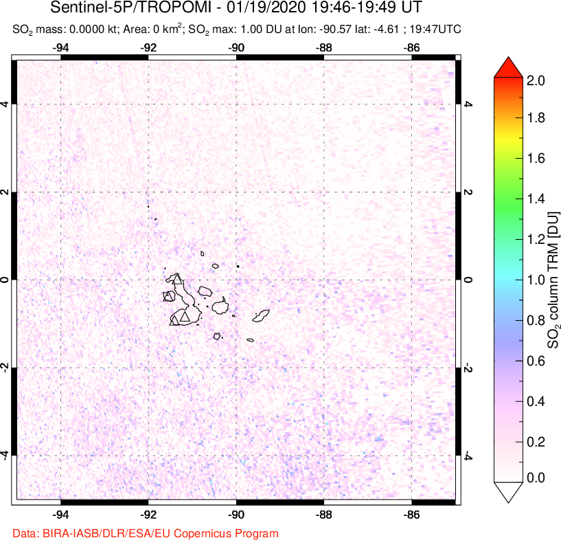 A sulfur dioxide image over Galápagos Islands on Jan 19, 2020.