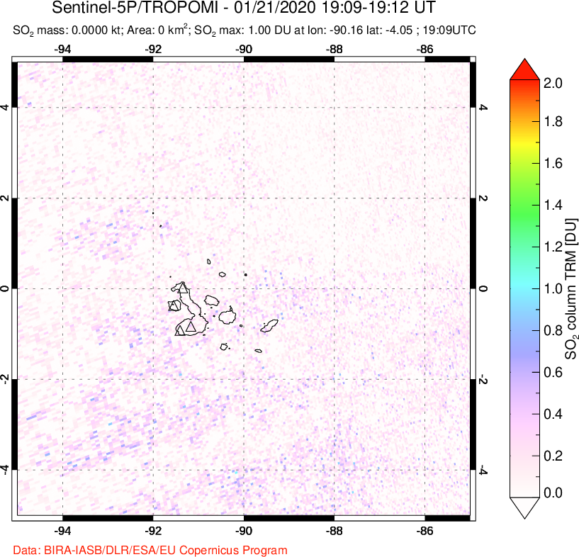 A sulfur dioxide image over Galápagos Islands on Jan 21, 2020.