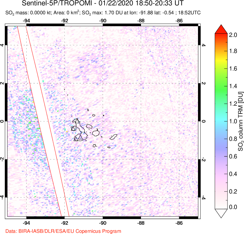 A sulfur dioxide image over Galápagos Islands on Jan 22, 2020.