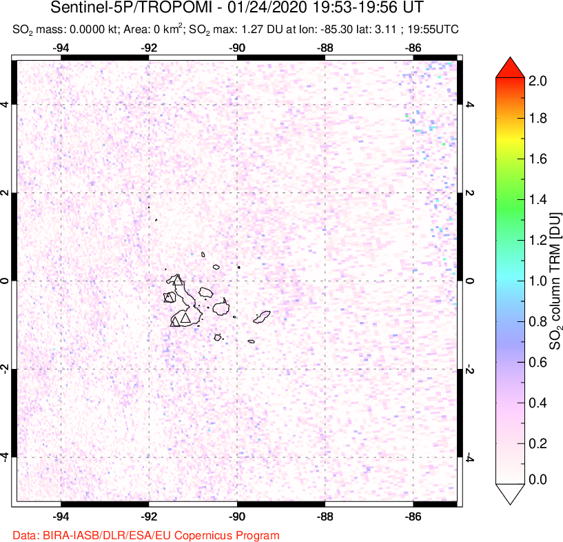 A sulfur dioxide image over Galápagos Islands on Jan 24, 2020.