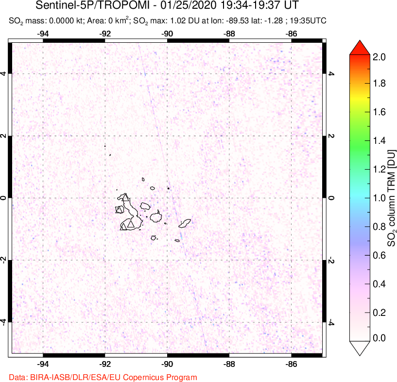 A sulfur dioxide image over Galápagos Islands on Jan 25, 2020.