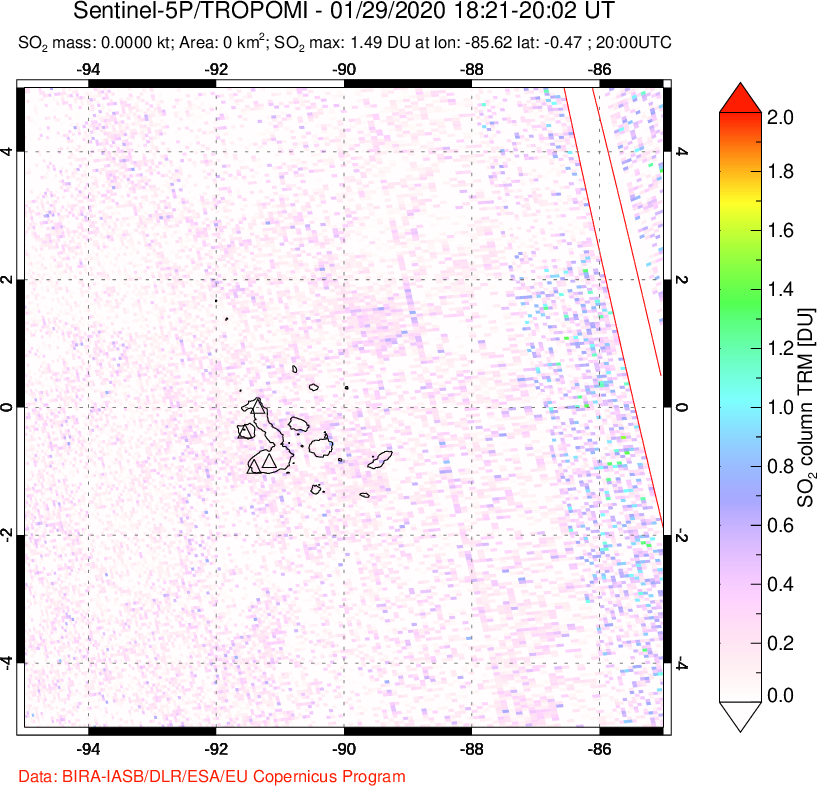 A sulfur dioxide image over Galápagos Islands on Jan 29, 2020.