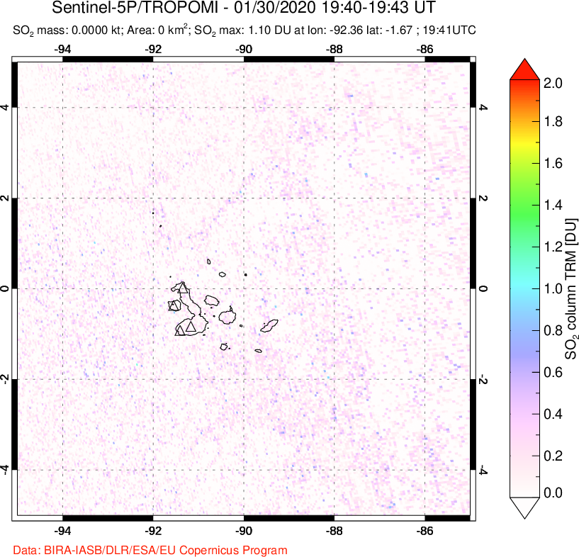 A sulfur dioxide image over Galápagos Islands on Jan 30, 2020.
