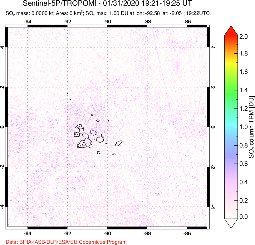 A sulfur dioxide image over Galápagos Islands on Jan 31, 2020.