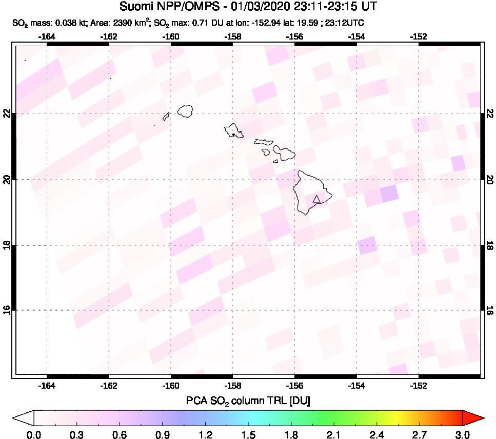 A sulfur dioxide image over Hawaii, USA on Jan 03, 2020.